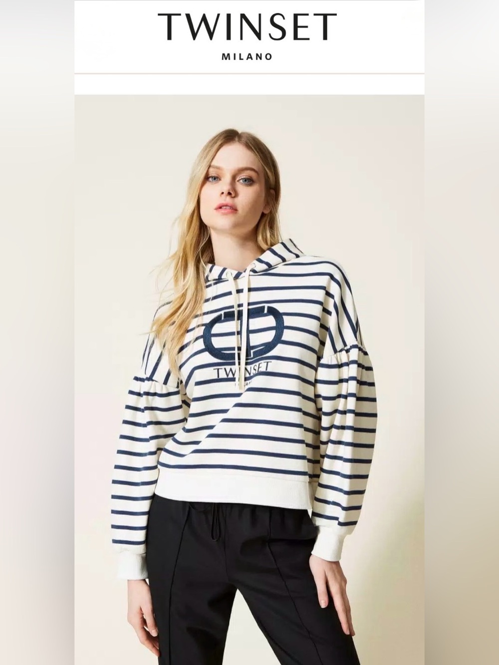TWINSET MILANO Striped hoodie with logo Print Navy & White Balloon Sleeve Sz XXS